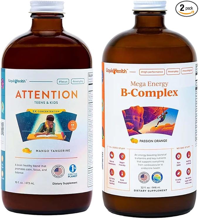 LIQUIDHEALTH Children Focus & Energy Liquid Vitamin Bundle with Attention Teens & Kids, Mega Energy B-Complex Supplement - Liquid Vitamins for Kids, Improve Child's Concentration, Mood & Boosts Energy