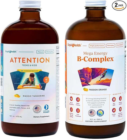 LIQUIDHEALTH Children Focus & Energy Liquid Vitamin Bundle with Attention Teens & Kids, Mega Energy B-Complex Supplement - Liquid Vitamins for Kids, Improve Child's Concentration, Mood & Boosts Energy