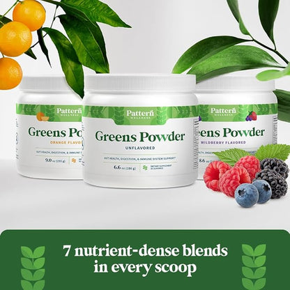 Pattern Wellness Greens Powder Superfood - Complete with Antioxidant, Digestive Enzyme, Fiber, Probiotic, & Adaptogen Blends - Gut, Digestion, & Immune System - 30 Servings - 9.0 oz (Orange Flavor)