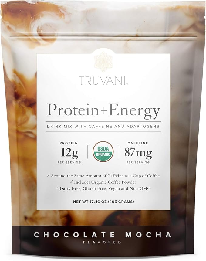 Truvani Protein + Energy Drink Mix with 87mg Caffeine | Chocolate Mocha | 12g Organic Plant Based Protein | 20 Servings | USDA Organic Coffee Powder & Adaptogens | Gluten & Dairy Free | Vegan