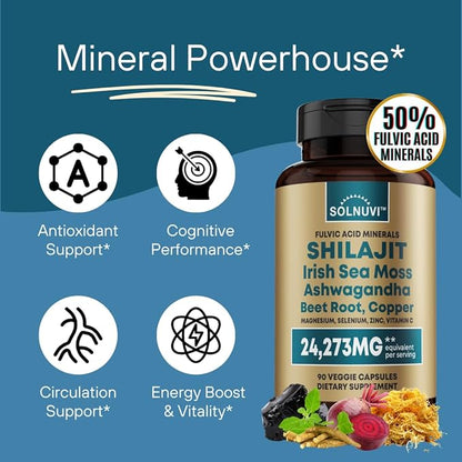 Shilajit Pure Himalayan Organic Capsules 15000mg with Irish Sea Moss, Ashwagandha, Copper, Beet Root - Fulvic Acid Trace Minerals Supplement for Men & Women - 90 Count, Non-GMO, Gluten-Free