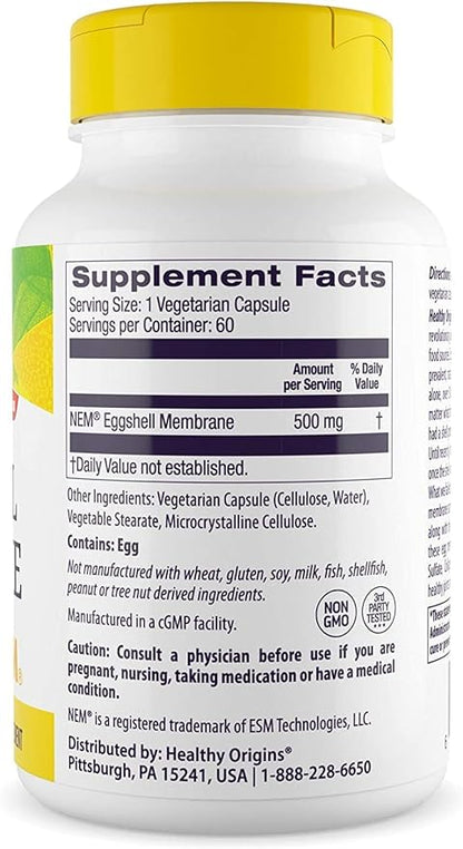 Healthy Origins Eggshell Membrane (NEM), 500 mg - Natural Collagen and Joint Support Supplement - Gluten-Free Supplement - 60 Veggie Capsules