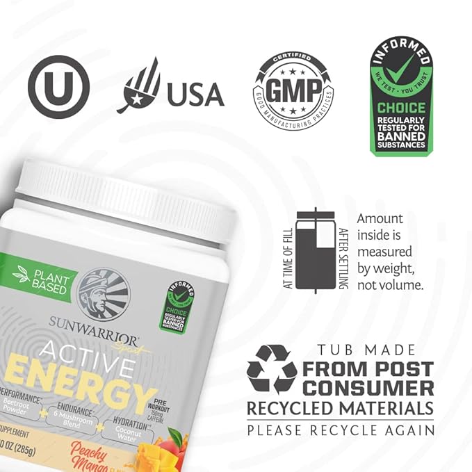 Sunwarrior Plant-Based Preworkout Powder Hydration Blend | Coconut Water Mushroom Blend Soy Free Sugar Free Gluten Free Dairy Free Synthetic Free | Peach Mango 30 Servings | Sport Active Energy