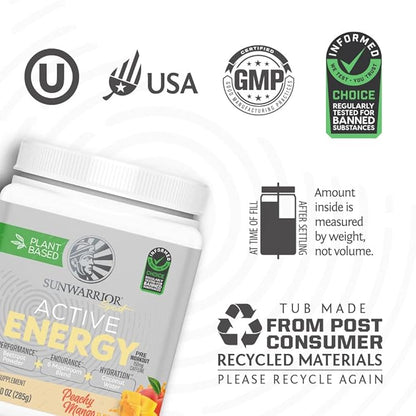 Sunwarrior Plant-Based Preworkout Powder Hydration Blend | Coconut Water Mushroom Blend Soy Free Sugar Free Gluten Free Dairy Free Synthetic Free | Peach Mango 30 Servings | Sport Active Energy