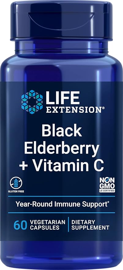 Life Extension Black Elderberry + Vitamin C, Everyday Immune Support from Elderberry & Vitamin C, Gluten Free, Non-GMO, Vegetarian, 60 Capsules