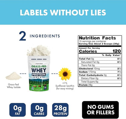 Opportuniteas Grass Fed Whey Isolate Protein Powder - Unflavored 28g Protein Powder Without Artificial Sweeteners, Hormone-Free Cows, Non GMO - 1lb