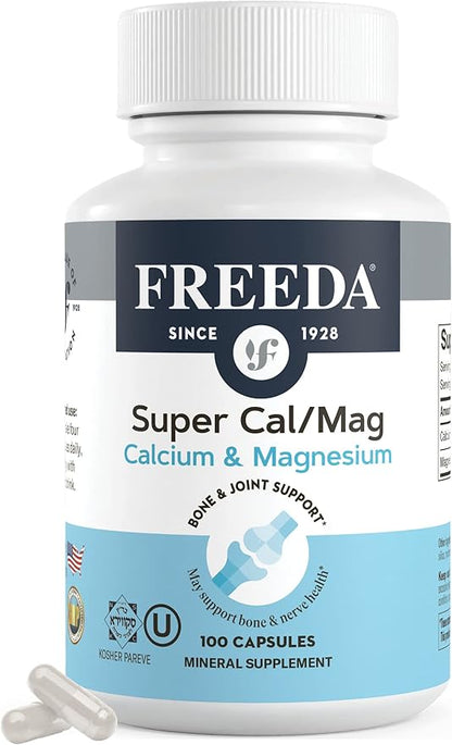 Freeda Super Cal/Mag Calcium Magnesium - Kosher Magnesium and Calcium Supplements for Women & Men - CalMag Bone & Joint Support - Vegetarian/Vegan Calcium and Magnesium Supplement - (100 Capsules)
