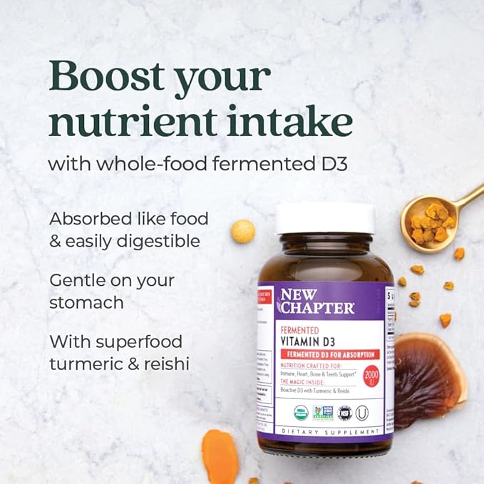 New Chapter Fermented Vitamin D3 2,000 IU, Organic, ONE Daily for Immune, Heart & Bone Support + Whole-Food Turmeric, Adaptogenic Reishi Mushroom, 100% Vegetarian, Gluten Free, 90 Count