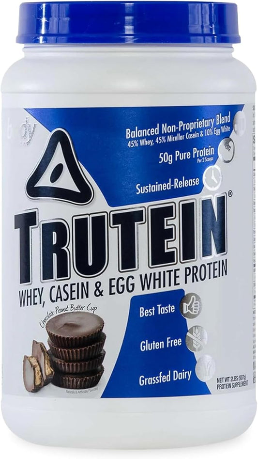 Body Nutrition Trutein High Protein Powder: 45% Whey, 45% Casein, 10% Egg White, Gluten-Free, Low Sodium, Grass Fed Whey Protein Powder, Gym Supplement & Breakfast Shake, Chocolate Peanut Butter, 2lb