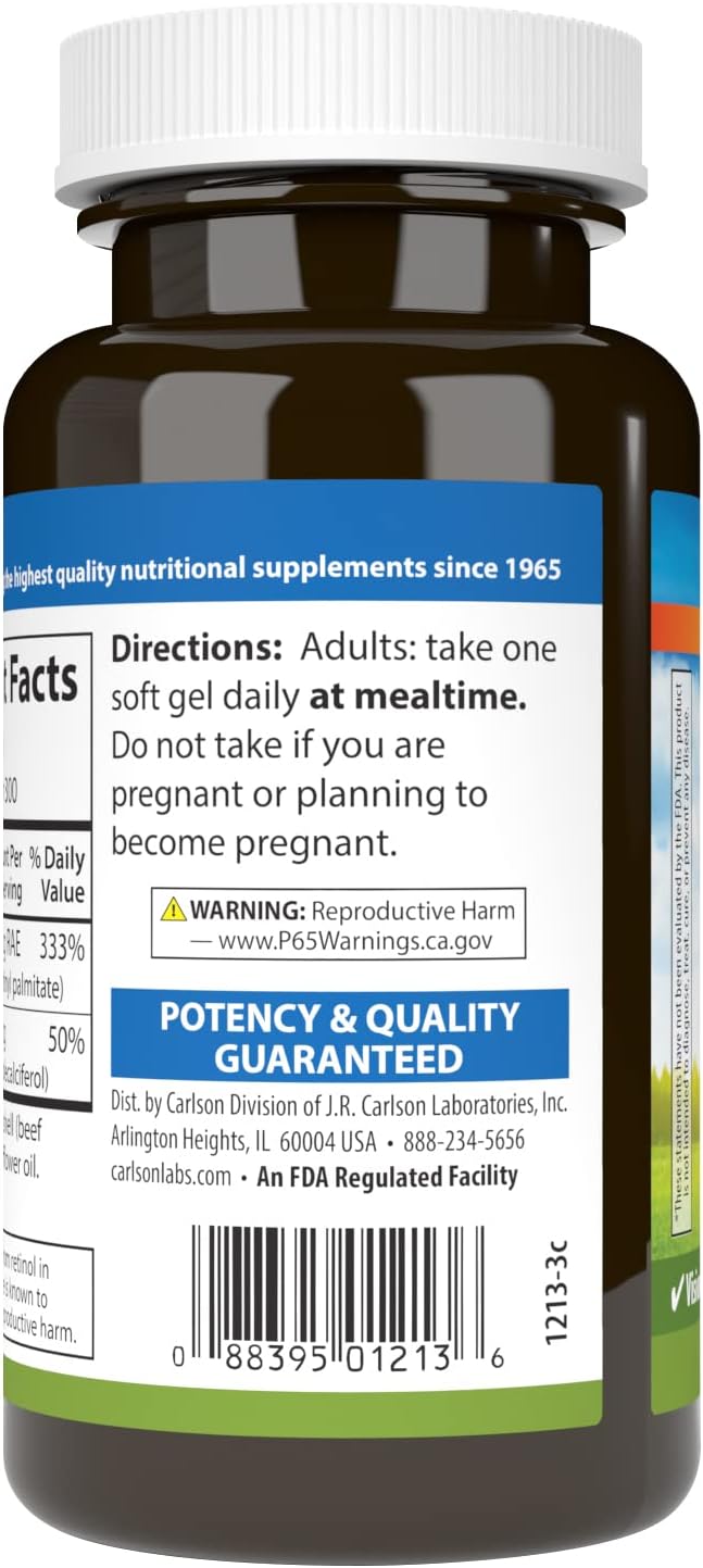 Carlson - A & D, 10000 IU (3000 mcg RAE) Vitamin A, 400 IU (10 mcg) Vitamin D3, Vision Support, Skin Health, 300 Soft Gels