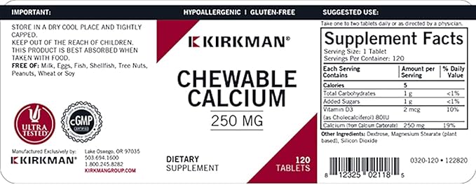 Kirkman - Calcium 250mg with Vitamin D3-120 Tablets - Essential Minerals - Helps Maintain Strong Bones - Hypoallergenic