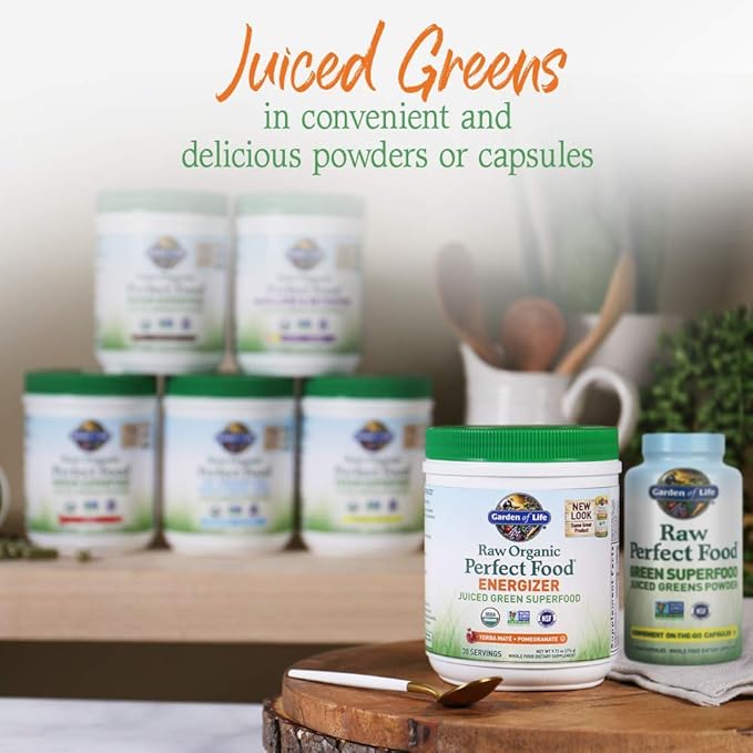 Garden of Life Raw Organic Perfect Food Energizer Juiced Green Superfood Powder - Yerba Mate Pomegranate, & Probiotics, Gluten Free Whole Food Greens Supplements, 30 Servings, 9.73 Oz