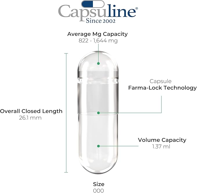 Capsuline Size 000 Empty Gelatin Capsules, Clear - 500 Count | Gluten Free, Kosher, Non-GMO Certified | Pure Bovine Pill Caps for DIY Supplement Filling