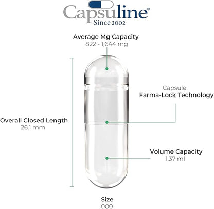 Capsuline Size 000 Empty Gelatin Capsules, Clear - 500 Count | Gluten Free, Kosher, Non-GMO Certified | Pure Bovine Pill Caps for DIY Supplement Filling