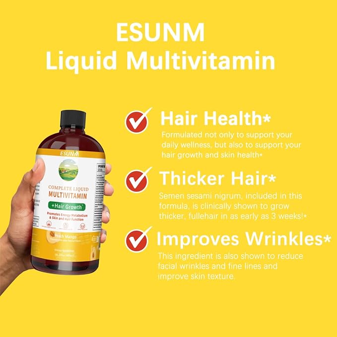 Complete Liquid Multivitamin + Hair Growth, Promotes Energy Metabolism& Skin and Hair Function| Vitamin C D | B Vitamins | Help to Thicker Hair, Wrinkles, Fine Lines, Skin Care (16.23OZ)