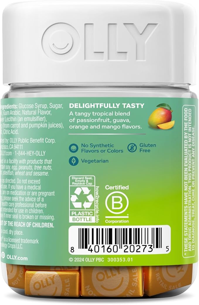 OLLY Energized Thinker Brainy Chews, 70mg of Caffeine, Vitamin B12 & Omega-3, Energy Supplement, Tropical, Vegetarian, 20 Count
