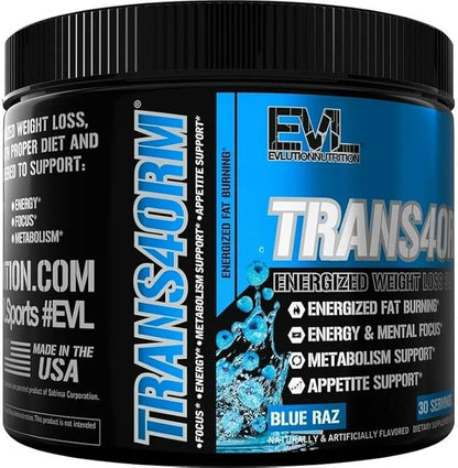 Evlution Thermogenic Fat Burning Support Powder Nutrition Trans4orm Fast Acting Energy Powder to Support Fast Metabolism Weight Loss and Mental Focus with CLA Carnitine and Alpha GPC - Blue Raz