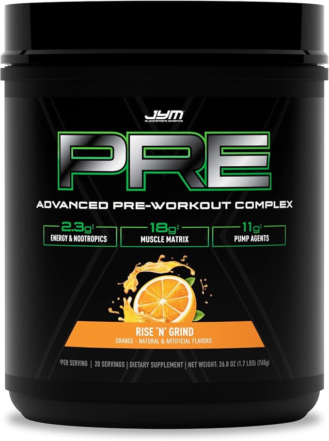 Pre JYM X Rise N' Grind Advanced Pre-Workout Powder Massive Pumps, Citrulline Nitrate, Dynamine, NO3T Betaine, BCAA’s, Nootropics, Creatine, Beta-Alanine, JYM Supplement Science, 20 Servings