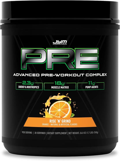 Pre JYM X Rise N' Grind Advanced Pre-Workout Powder Massive Pumps, Citrulline Nitrate, Dynamine, NO3T Betaine, BCAA’s, Nootropics, Creatine, Beta-Alanine, JYM Supplement Science, 20 Servings