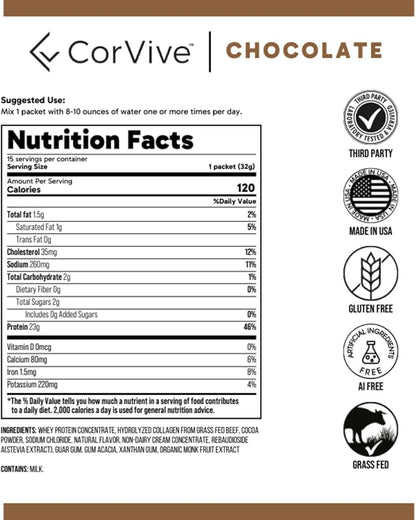 Protein + Collagen Powder | 23g Protein (Grass-Fed Whey + Collagen) | 3.7g BCAAs | Supports Muscle & Joint Health | Gluten & Soy Free | No Artificial Ingredients | 15 Sachets - Chocolate