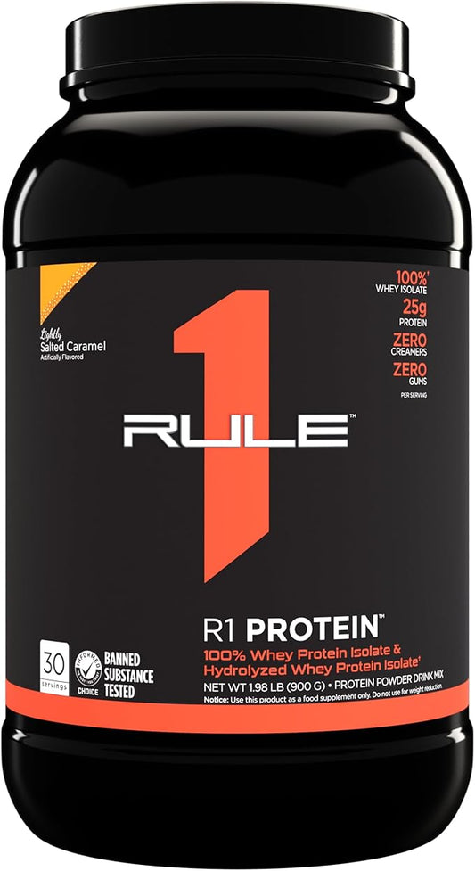 Rule One Proteins R1 Protein - 25g Fast-Acting, Super-Pure 100% Isolate and Hydrolysate Protein Powder with 6g BCAAs (2 Pounds*, Lightly Salted Caramel)