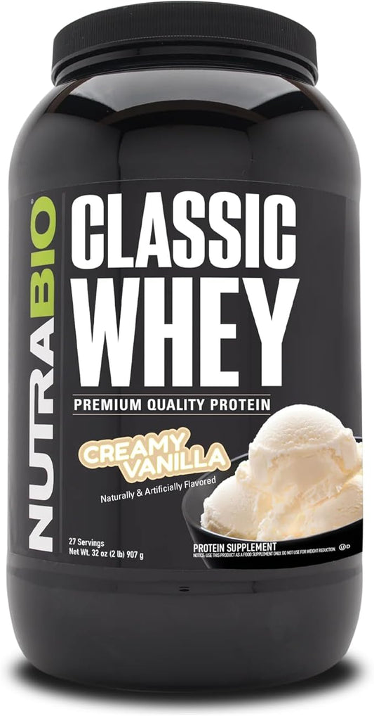 NutraBio Classic Whey Protein Powder- 25G of Protein Per Scoop - Full-Spectrum Amino Acid Profile - No Fillers, Artificial Colors, Preservatives - Low Glycemic Index - Creamy Vanilla, 2 Pounds