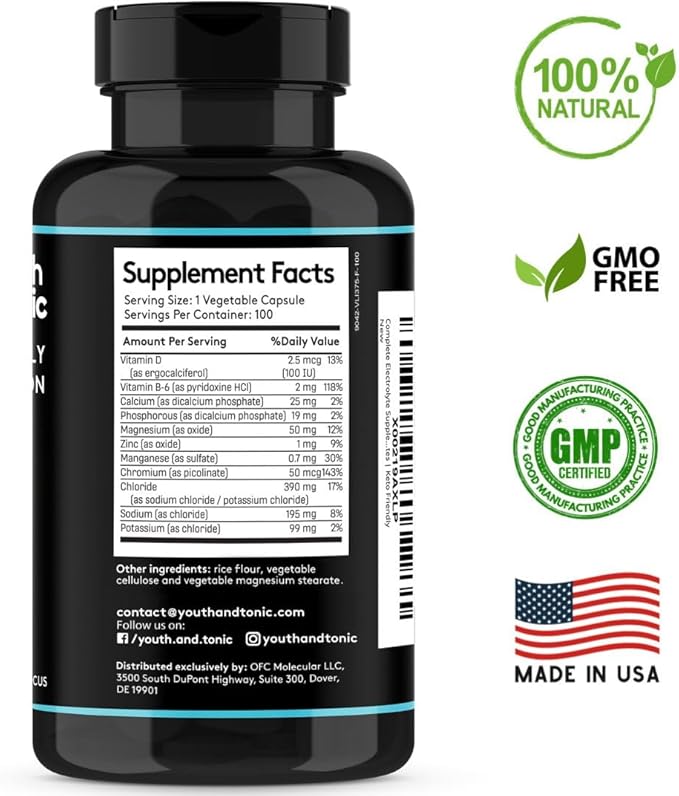 Complete Electrolyte Supplement w High Bioavailability and Cmax Chloride Potassium Magnesium for Endurance Muscle Recovery Mental Focus. Rapid Rehydration Salts and Keto Friendly Pills with 200 caps