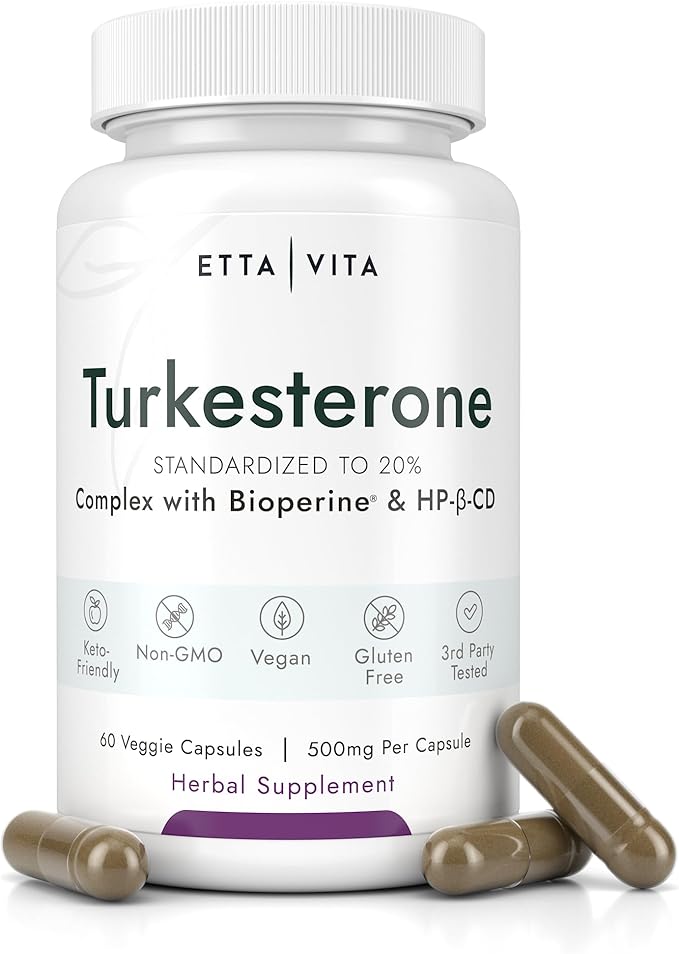 Potent Turkesterone Supplement, 2X Pure (Made in USA - 3rd Party Tested) Most Bioavailable and Natural Test Support Supplement, Supports Energy, Lean Muscle Growth, Recovery and Stamina, Vegan (60ct)