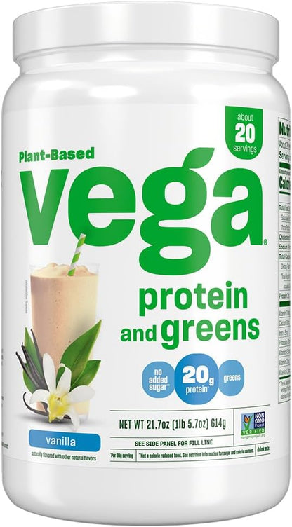 Vega Protein and Greens Protein Powder, Vanilla - 20g Plant Based Protein Plus Veggies, Vegan, Non GMO, Pea Protein for Women and Men, 21.7 Ounce (Packaging May Vary)