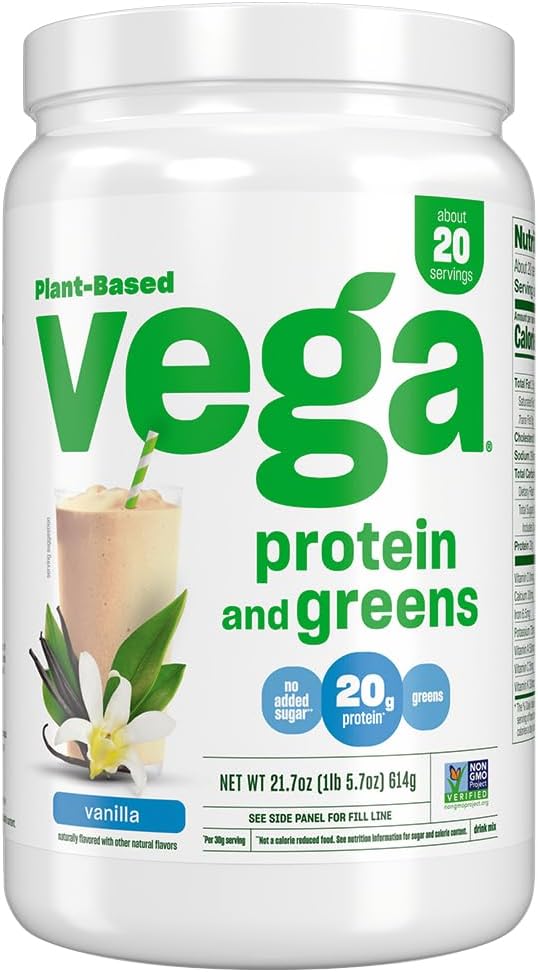 Vega Protein and Greens Protein Powder, Vanilla - 20g Plant Based Protein Plus Veggies, Vegan, Non GMO, Pea Protein for Women and Men, 21.7 Ounce (Packaging May Vary)