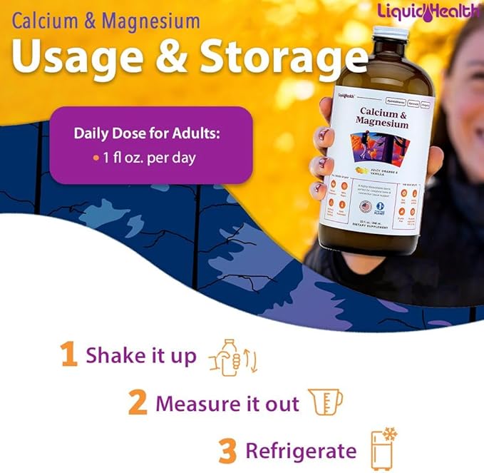 LIQUIDHEALTH Calcium & Magnesium Adult Liquid Vitamin Supplement - Bone, Joint, Muscle, Connective Tissue Support, Heart Health, Essential Nutrients - Great Taste, Vegan, Non GMO, Sugar-Free (2 Pack)