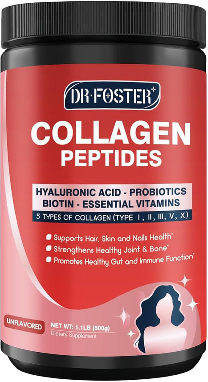 Multi-Collagen-Peptide-Powder with Probiotics, 50 Servings of Hydrolyzed Collagen Peptides with Hyaluronic Acid, Biotin & Multivitamins - Supports Skin, Hair, Nails Health