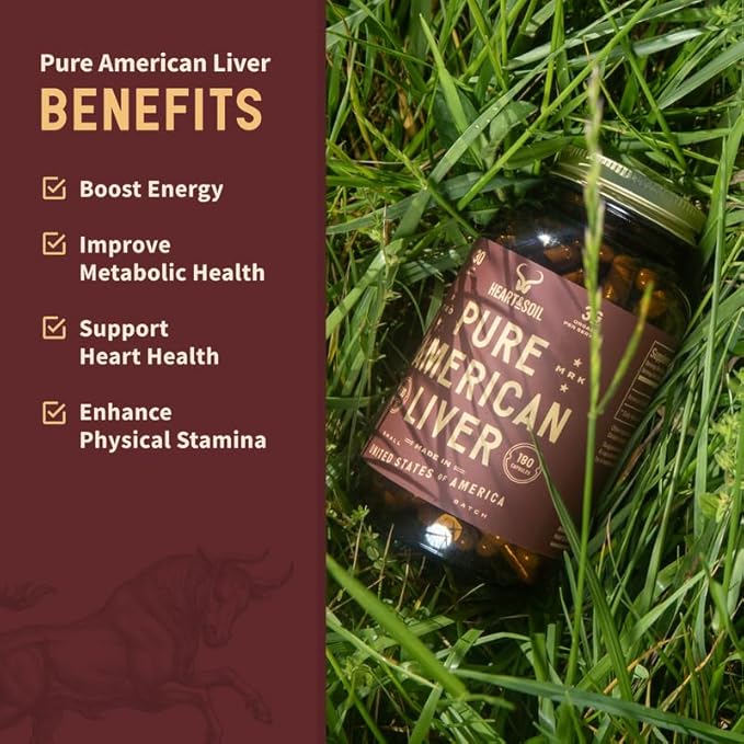 Pure American Beef Liver Capsules - Grassfed Beef Liver Supplement - Rich in Vitamins, Minerals, Peptides and Enzymes - Freeze-Dried Grass Fed Beef Liver - 180 Liver Capsules