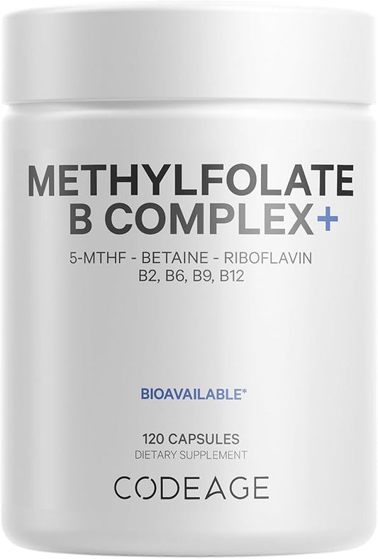 Codeage Methylfolate B Complex Supplements - 5 MTHF, Methylcobalamin 1000mcg Methylated Vitamin B12, Riboflavin, Betaine, Vitamins B6, Methylation Cycle MTHFR - 2 Months - 120 Capsules