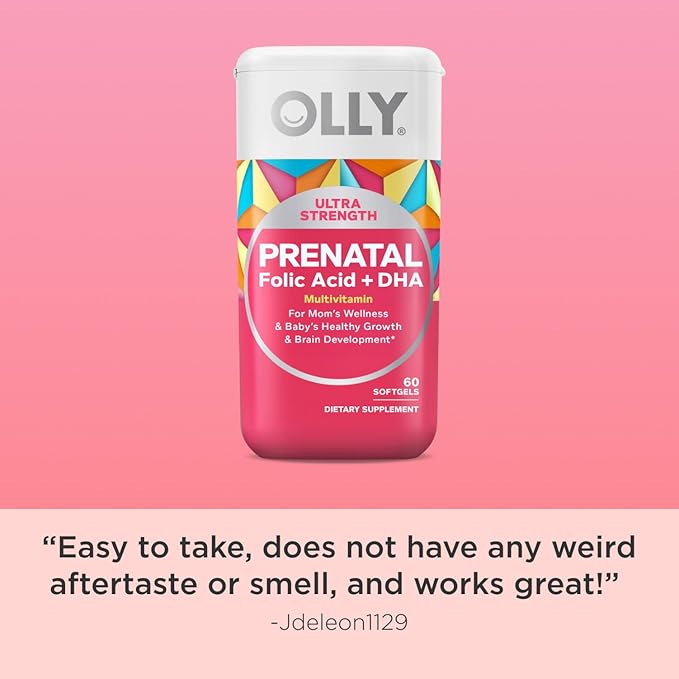 OLLY Ultra Strength Prenatal Multivitamin Softgels, Supports Healthy Growth, Brain Development, Iron, Folic Acid, DHA, Vitamins C, E, 30 Day Supply-60 Count (Packaging May Vary)