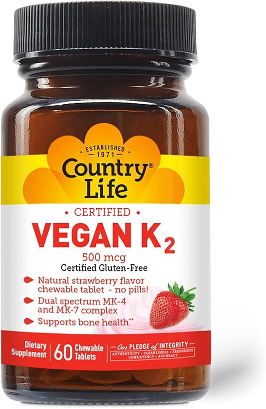Country Life Vegan Vitamin K2, 500 mcg, Dual Spectrum MK-4 and MK-7 Complex, Supports Bone & Teeth Health, 60 Chewable Tablets, Strawberry Flavor