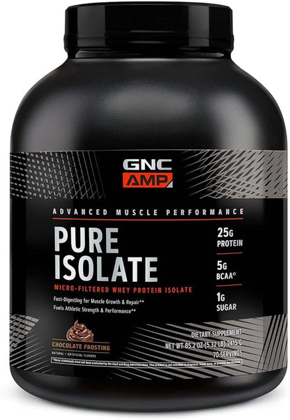 GNC AMP Pure Isolate | Fuels Athletic Strength, Performance and Muscle Growth | Fast Absorbing | 25g Whey Protein Iso with 5g BCAA | Chocolate Frosting | 70 Servings