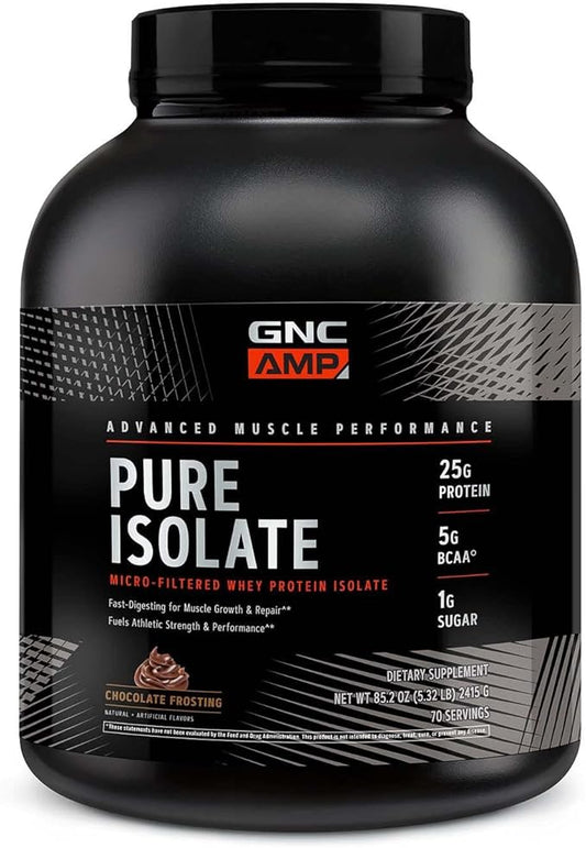 GNC AMP Pure Isolate | Fuels Athletic Strength, Performance and Muscle Growth | Fast Absorbing | 25g Whey Protein Iso with 5g BCAA | Chocolate Frosting | 70 Servings