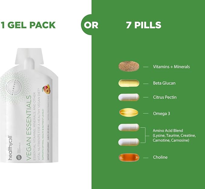 Healthycell Vegan Essentials - Liquid Multivitamin Supplement for Brain, Heart, Immunity, Energy, Skin and Hair Support - Vegan Multivitamin for Women & Men - Maximum Absorption - 30 Gel Packs