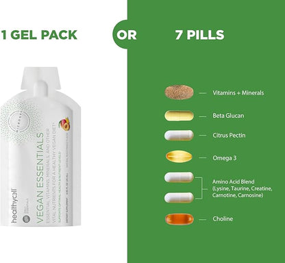 Healthycell Vegan Essentials - Liquid Multivitamin Supplement for Brain, Heart, Immunity, Energy, Skin and Hair Support - Vegan Multivitamin for Women & Men - Maximum Absorption - 30 Gel Packs