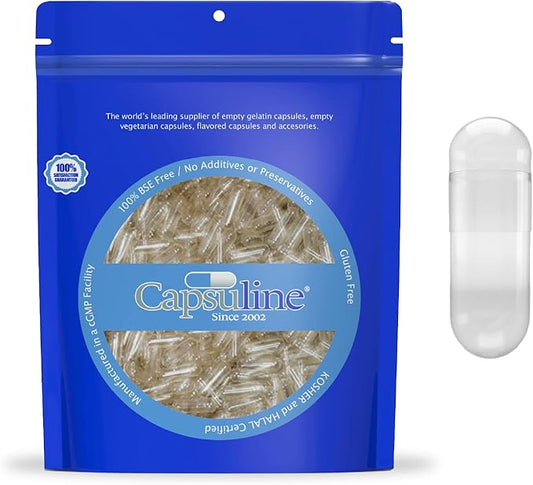 Capsuline Size 000 Empty Gelatin Capsules, Clear - 1000 Count | Gluten Free, Kosher, Non-GMO Certified | Pure Bovine Pill Caps for DIY Supplement Filling