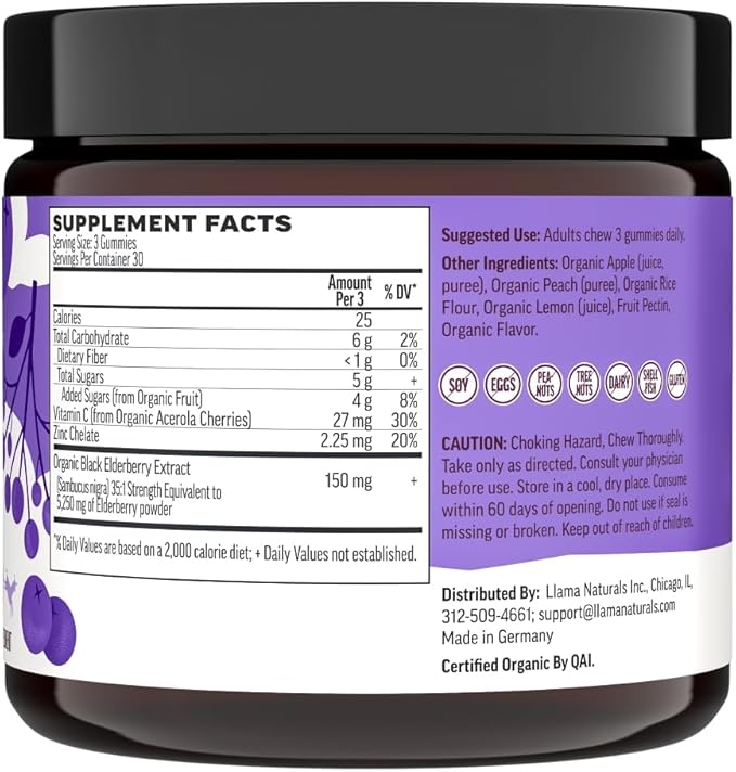 Llama Naturals Real Fruit Sambucus Elderberry Gummies for Adults | No Added Sugar Cane, Vegan, Organic Immune Support | Zinc & Natural Vitamin C | Immunity for Women, Men | 90 Gummies (30 Day)