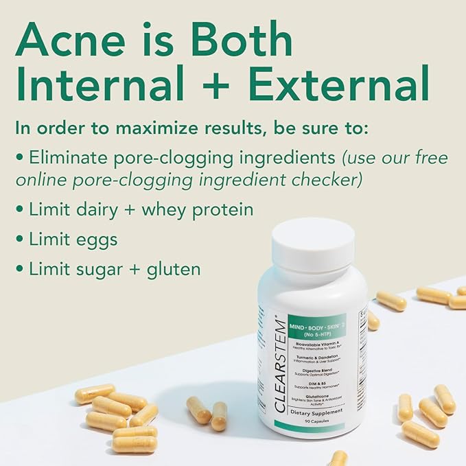 CLEARSTEM - MINDBODYSKIN Hormonal Acne Supplement (No 5-HTP) - Natural DIM Supplement - Skin Care Vitamins - Hormone Balance, Antioxidants - Vegan, Gluten Free, Cruelty Free - 30 Servings, 90 Capsules