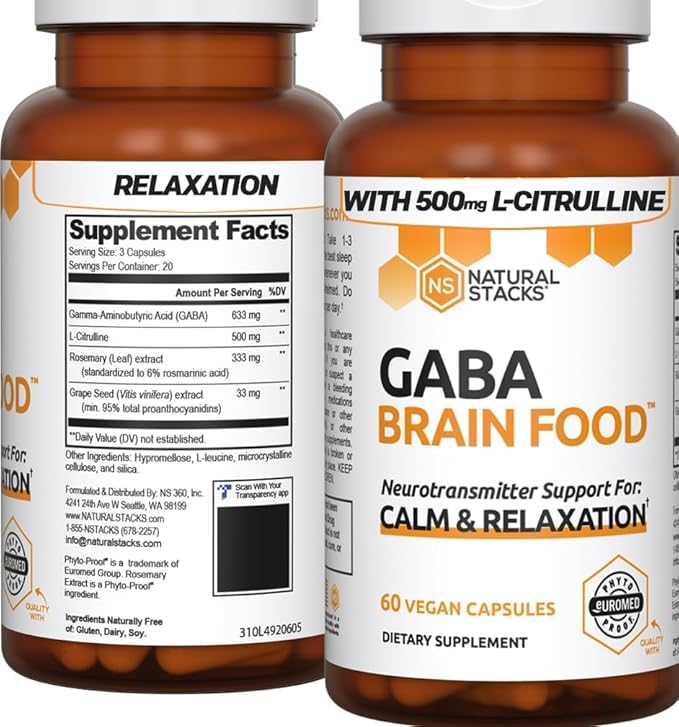 NATURAL STACKS GABA Supplement - L-Citrulline & Grape Seed Extract - Deep Relaxation and Calm - Night Time Aid - Promotes Healthy Production of GABA (Gamma-Aminobutyric Acid) - 60 Capsules