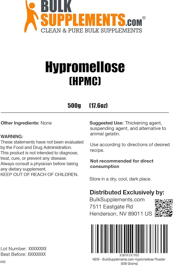 BulkSupplements.com Hypromellose Powder - Hydroxylpropyl Methylcellullose, HPMC Powder - Excipient & Thickening Agent- Vegan Alternative, 500g (1.1 lbs) (Pack of 1)