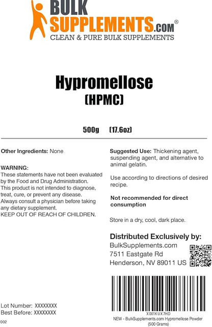 BulkSupplements.com Hypromellose Powder - Hydroxylpropyl Methylcellullose, HPMC Powder - Excipient & Thickening Agent- Vegan Alternative, 500g (1.1 lbs) (Pack of 1)
