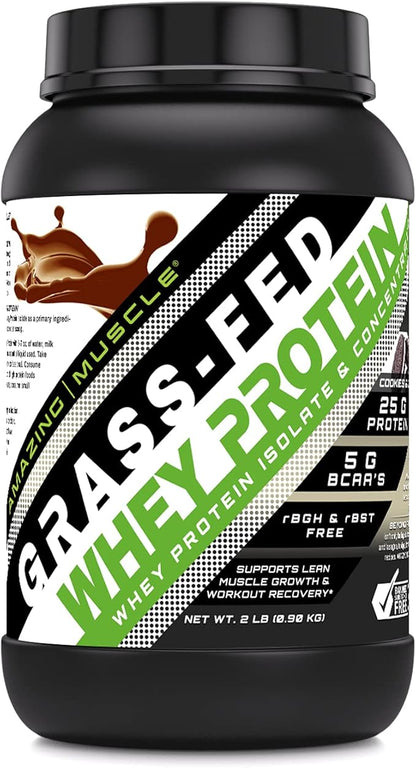 Grass-Fed Whey Protein Supplement | 25 G per Serving | Cookies & Cream Flavor | 2 Lb (0.90 Kg) | Non-GMO | Gluten-Free | Made in USA