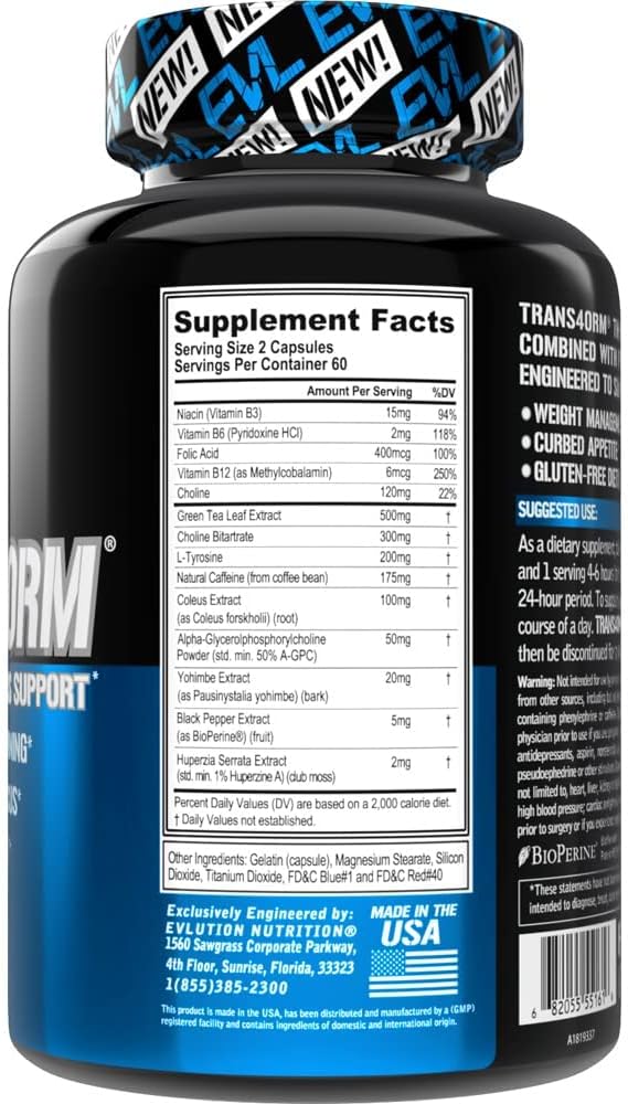 EVL Thermogenic Fat Burner Support - Fast Acting Weight Loss Energy and Appetite Support - Trans4orm Green Tea Fat Burner and Weight Loss Support Supplement for Men and Women - 60 Servings
