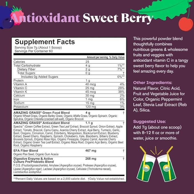 Amazing Grass Greens Superfood Antioxidant: Greens Powder with Organic Spirulina, Beet Root Powder, Elderberry & Probiotics, Sweet Berry, 60 Servings (Packaging May Vary)