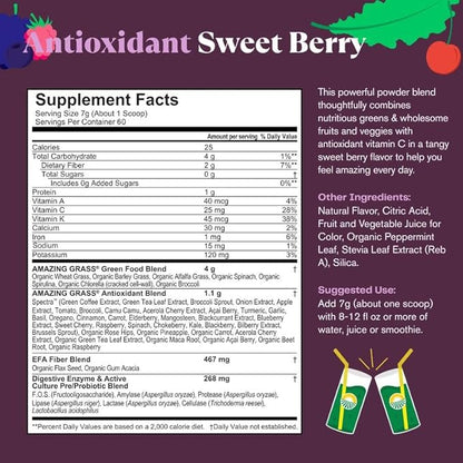 Amazing Grass Greens Superfood Antioxidant: Greens Powder with Organic Spirulina, Beet Root Powder, Elderberry & Probiotics, Sweet Berry, 60 Servings (Packaging May Vary)